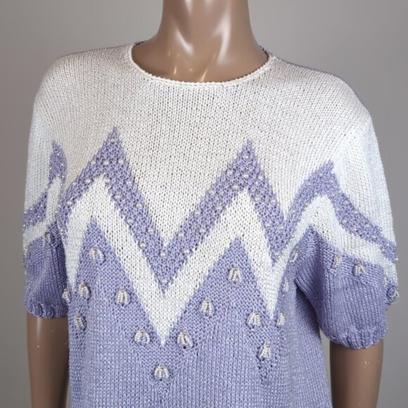 Vintage 90s Magnolia Sweater Pearl Beaded Chevron Tunic Knit Pullover Keyhole - Picture 3 of 14